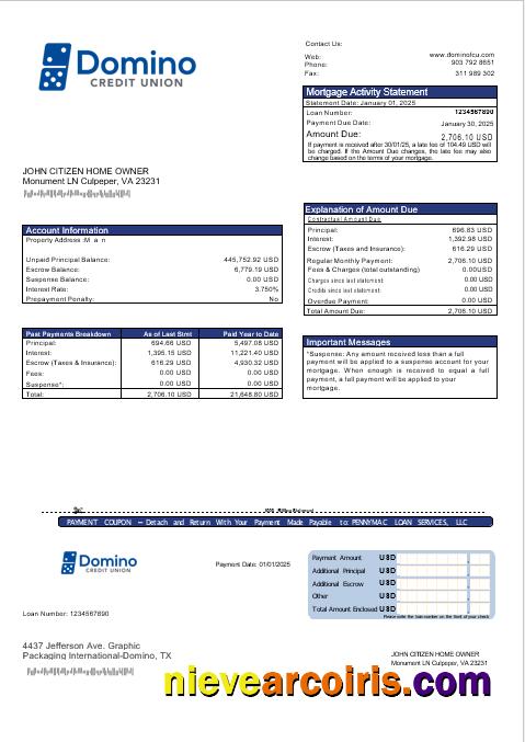 USA Bank of Domino bank mortgage statement